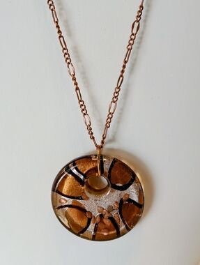26" Murano Large Millefiori Lampwork Golden Glass Round Copper/Gold Figaro Chain